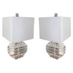 Hexagonal shaped lucite pair of lamps in Karl Springer style
