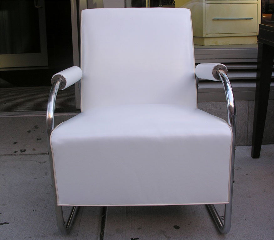 Machine Age White Leather & Chrome Chair by Gilbert Rohde