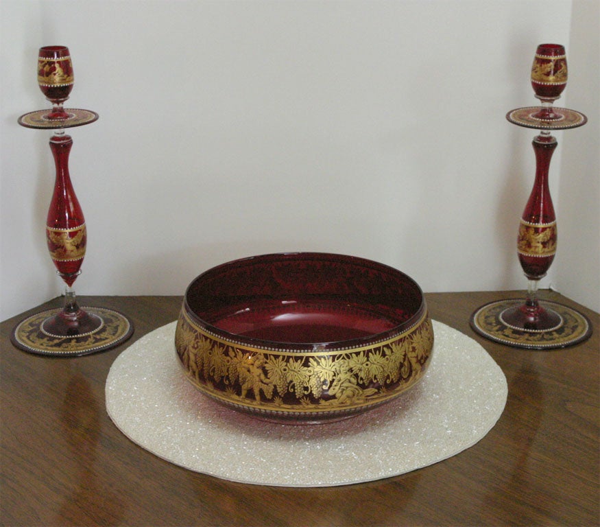 Hand Blown Venetian Ruby Centerpiece with Candlesticks