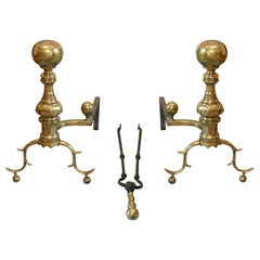 Signed Left and Right Andirons With Tongs