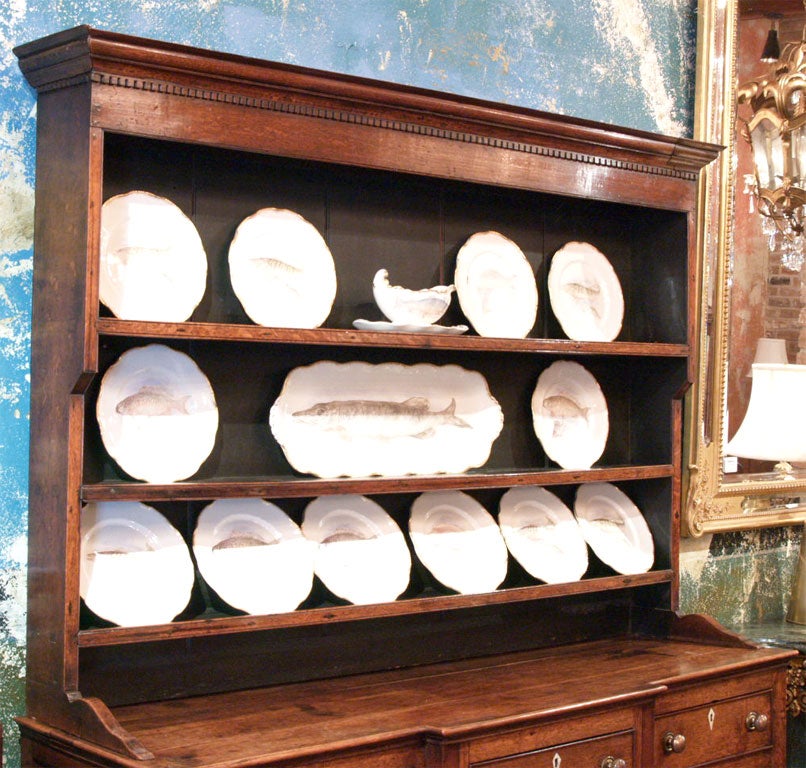 Antique Welsh oak breakfront dresser. Ivory inlay