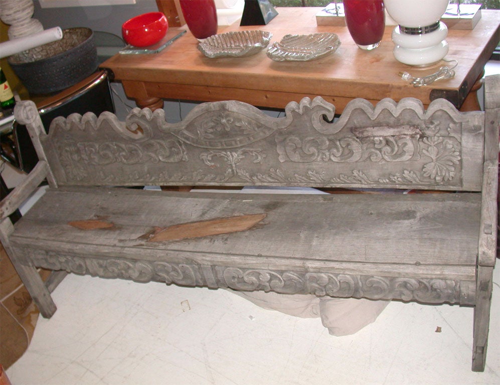 18th Century and Earlier Antique Hand Carved Early American Bench For Sale