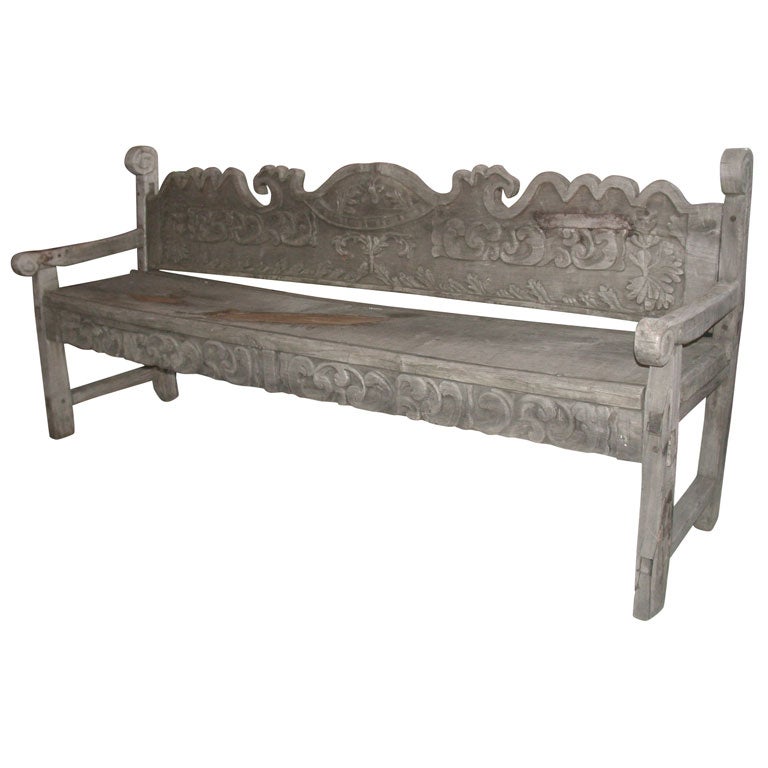 Antique Hand Carved Early American Bench For Sale