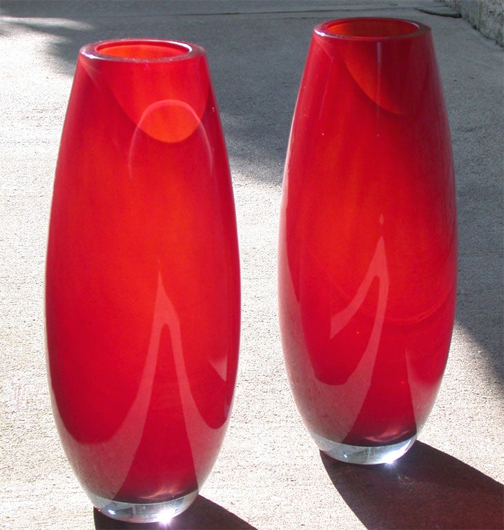 Pair of Hand Blown Red Glass Vases by Jaqueline Terpins For Sale at 1stdibs