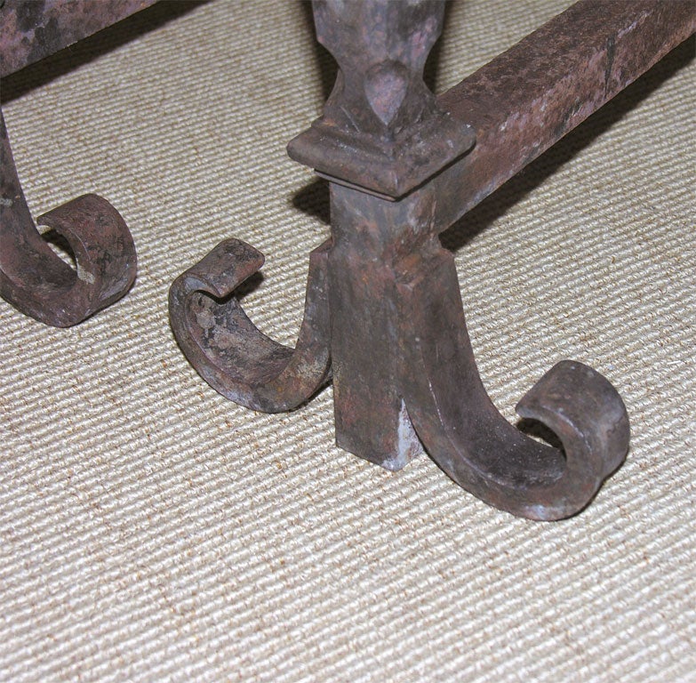 French Leaf and Cone Forged Iron Andirons