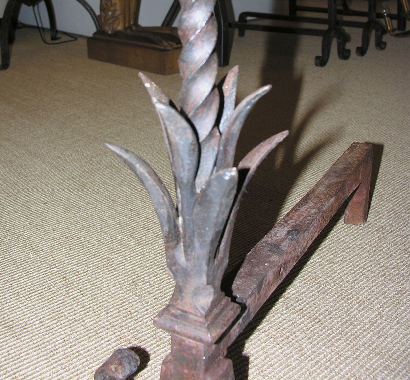20th Century Leaf and Cone Forged Iron Andirons