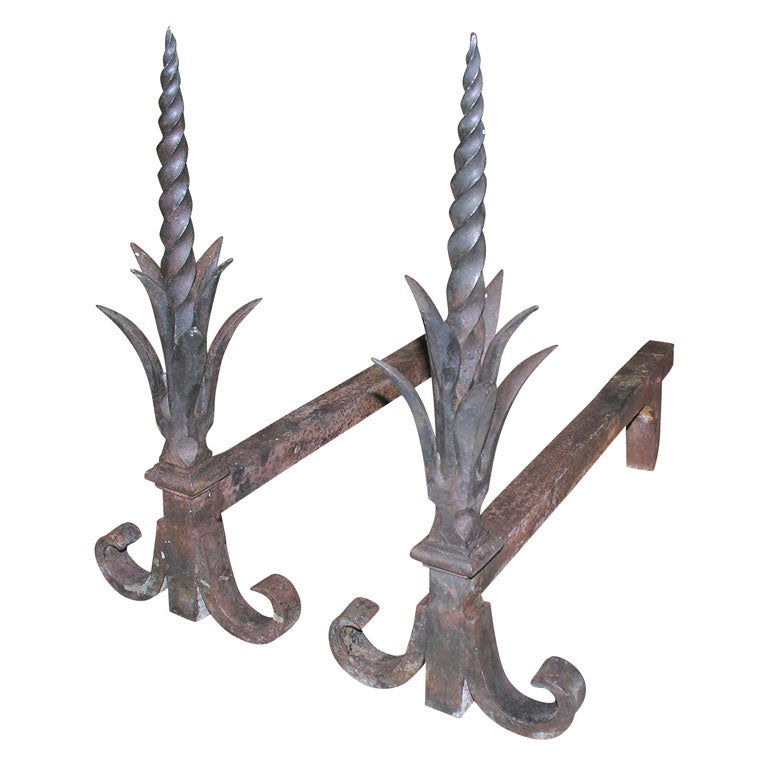 Leaf and Cone Forged Iron Andirons