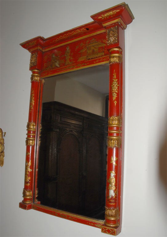 Regency Style Red-Japanned and Parcel-Gilt Mirror