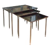 Set of Brass Stacking Tables with Distressed Mirror Tops