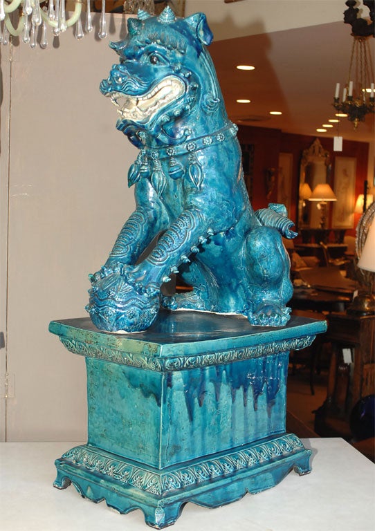 Large Pair of Majollica Temple Dogs