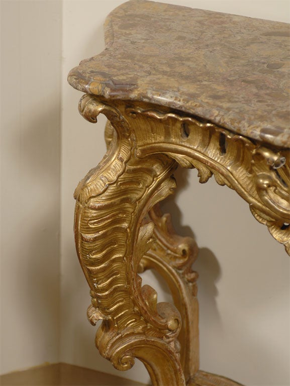 18th Century Northern Italian Rococo Giltwood Console with Marble Top, circa 1740 For Sale