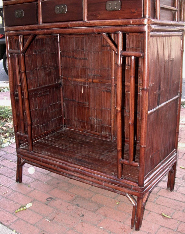 Lacquered Late 19thC Q'ing Dynasty Jiangsu Slatted Bamboo Kitchen Cabinet   For Sale