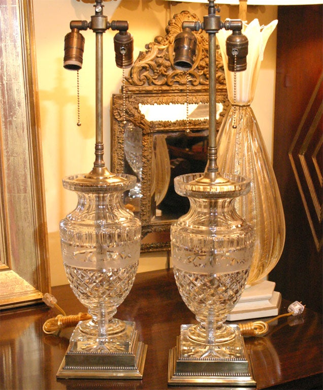 Pair of cut crystal lamps with original brass bases. Newly rewired, 1930's.