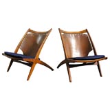 Frederik Kayser Teak & Leather Sling Back Lounge Chairs