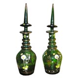 Pair of Italian Handblown Handpainted Green Glass Decanters