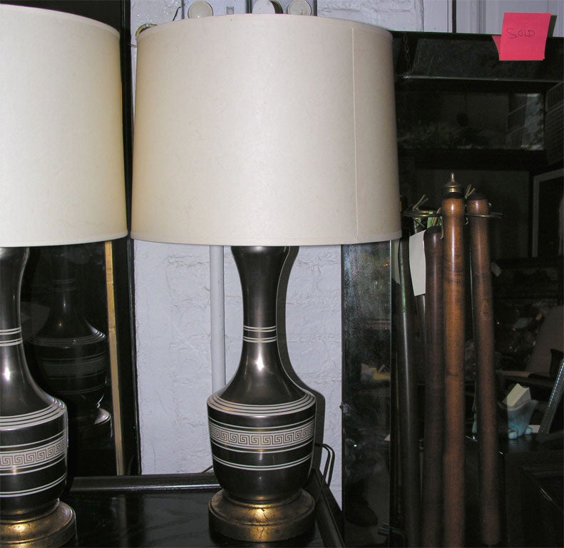 Pair of Greek Key Silvered Porcelain Table Lamps