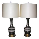 Pair of Greek Key Silvered Porcelain Table Lamps