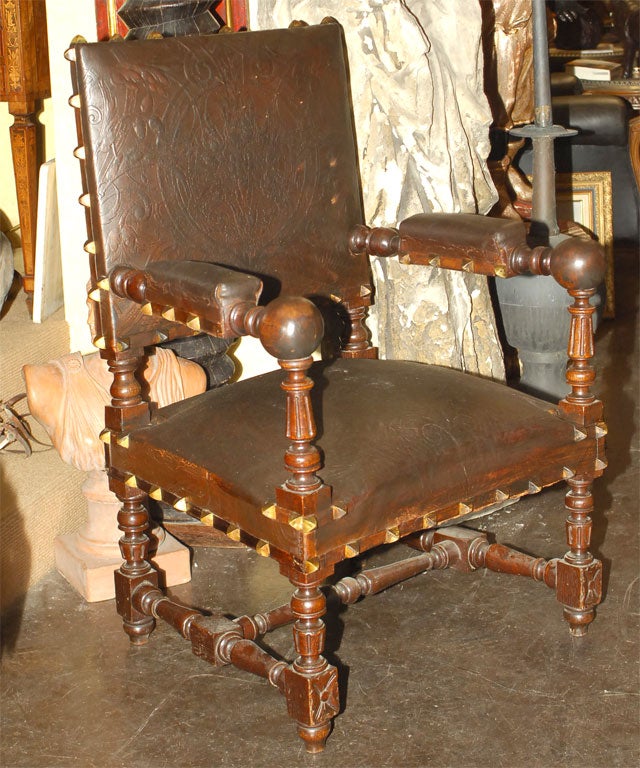 Oak 19th Century Spanish Leather Armchairs For Sale