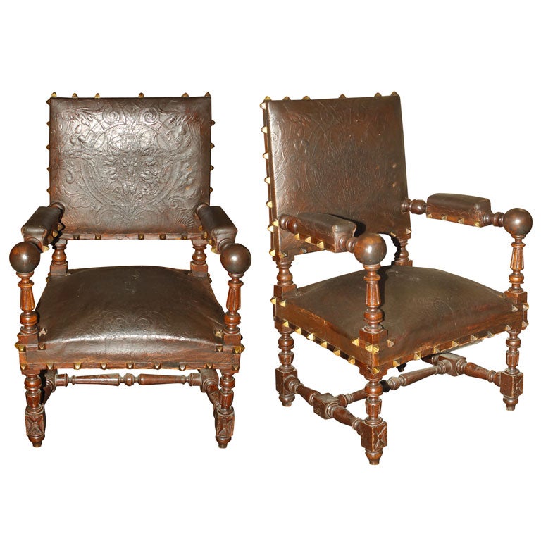 19th Century Spanish Leather Armchairs For Sale