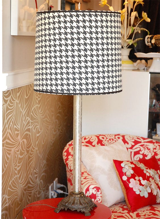 Pair Crystal Tube Brass Lamps with Hound's Tooth Fabric Shades