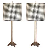 Pair Crystal Tube Brass Lamps with Hound's Tooth Fabric Shades