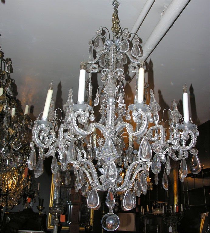 Neoclassic ptd iron and tole eight-lite crystal chandelier