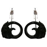Pair of black glaze ceramic ram's head table lamps