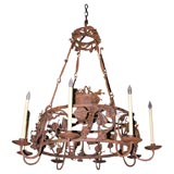 Wrought iron eight-light chandelier with basket & grapes motif