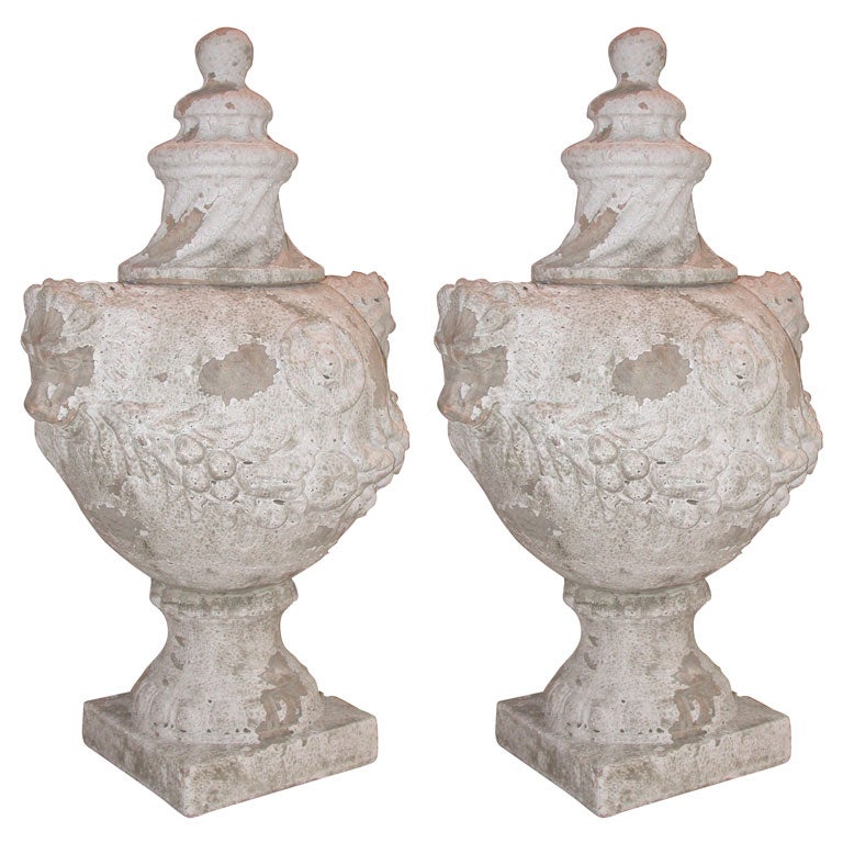 Pair of Salt Glaze Terracotta Lidded Urns