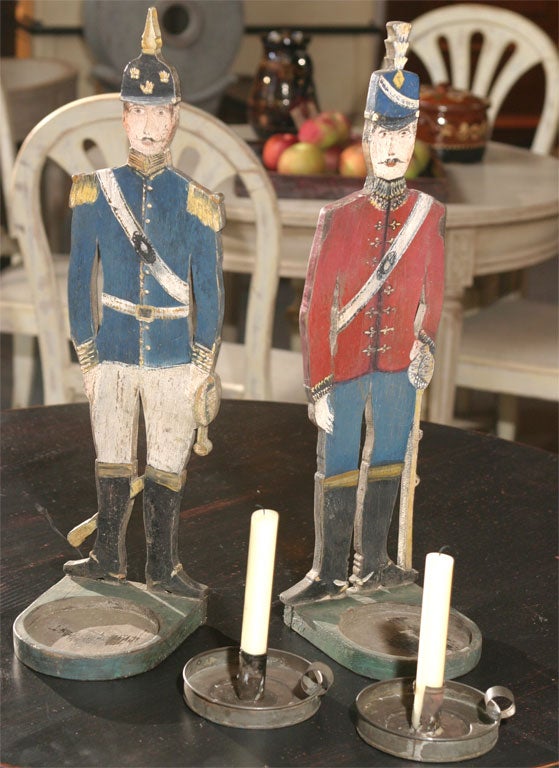 Wood Pair of Soldier Candlesticks For Sale