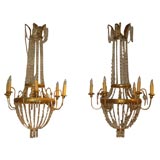Stunning Pair Neoclassical Style Gilt Metal Crystal Chandeliers