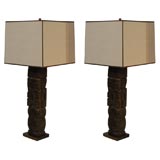 Pair of Carved Wood Aztec Lamps