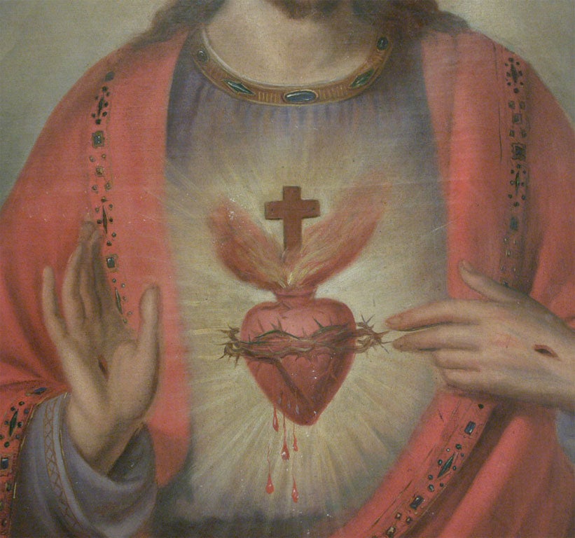 19th Century French Oil Painting of the Sacred Heart of Jesus
