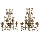 Antique Pair of Large Venetian 5-Light Crystal & Silvered Sconces