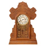 19TH C. OAK GINGERBREAD MANTEL CLOCK