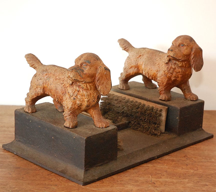 19THC ORIGINAL PAINTED IRON BOOT SCRAPER W/ IRON DOGS