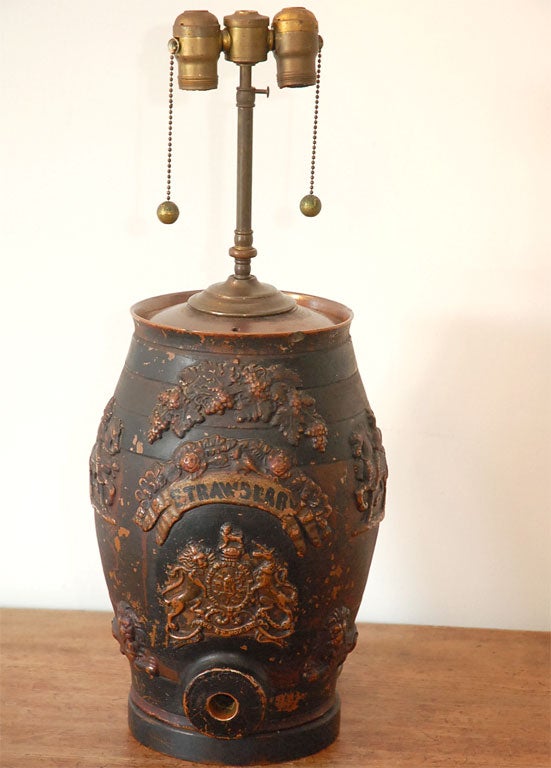 RARE AND FOLKY HAND MADE 19THC REDWARE PAINTED  BARREL LAMP