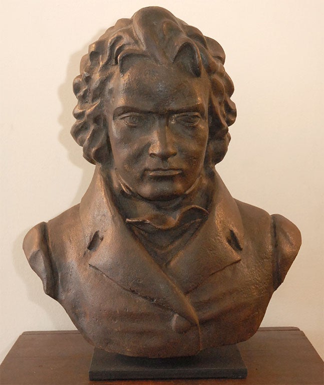 RARE AND UNUSUAL CAST IRON BUST OF BEETHOVEN WITH A NEW CAST IRON MOUNT AND WONDERFUL OLD PATINA.THIS BUST IS VERY HEAVY AND IS SOLID CAST IRON.IT IS IN PRISTINE CONDITION.