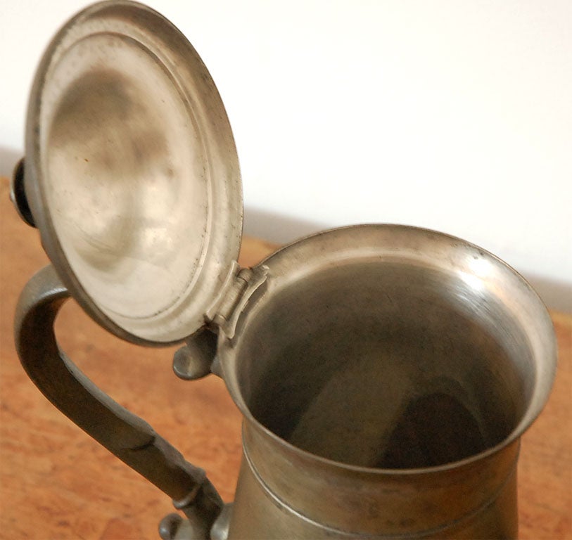 18THC PEWTER PITCHER W/ LID ATTACHED-HALL MARKS  ON LID 2