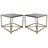 A Pair of Harvey Prober Brass and Milk Glass End Tables.