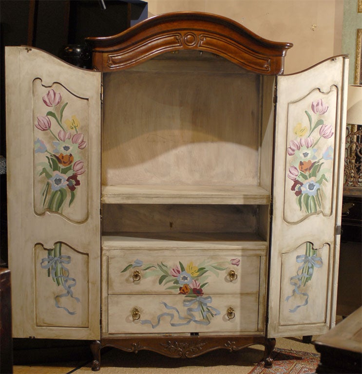 Vintage French Country Armoire with hand painted floral interior 1