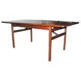 Jens Risom walnut boat shaped dining table with 6 chairs