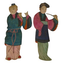 Antique A Pair of Large Silk and Paper Chinese Figure Dolls