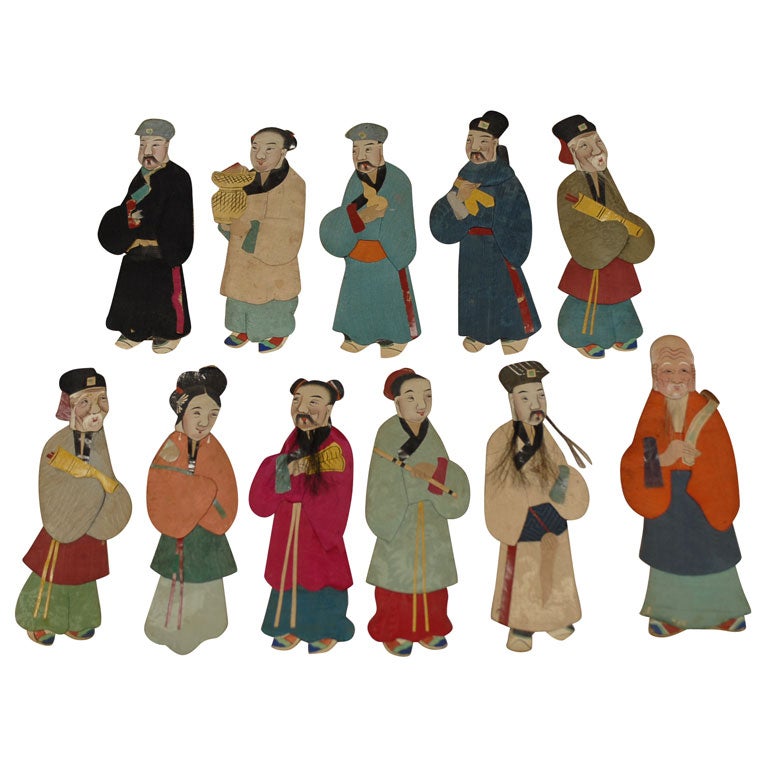 Set of Eleven Silk and Paper Chinese Figure Dolls