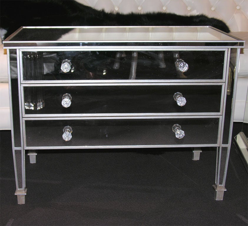 Pair of Custom Mirrored Silver Trim Commodes For Sale 1