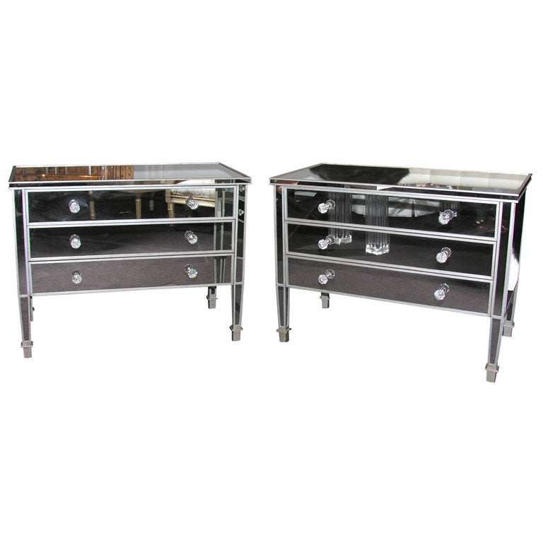 Pair of Custom Mirrored Silver Trim Commodes For Sale