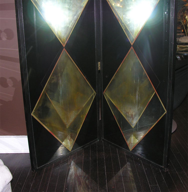 Pair of Black and Smoke 4 Panel Argyle Standing Mirrored Screens