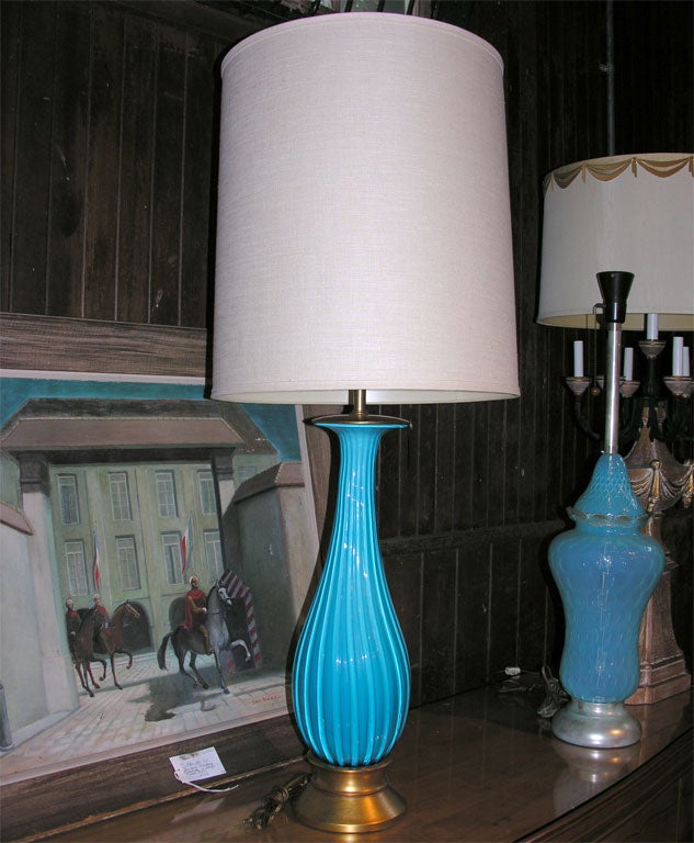 Very large hand blown turquoise Murano glass lamp with original lampshade.