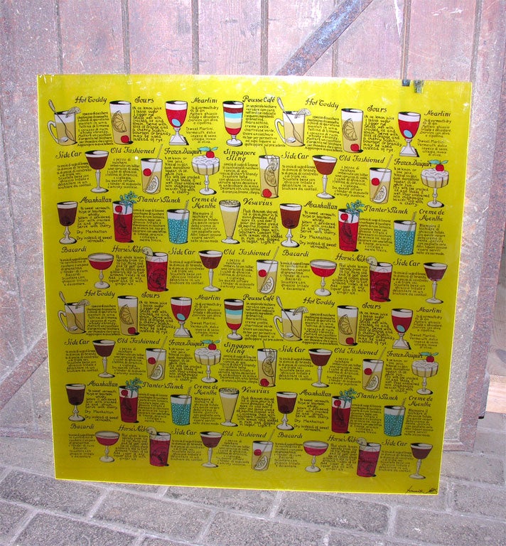 Yellow lucite panel by Piero Fornasetti depicting cocktails and their recipes. Would make a great table top.