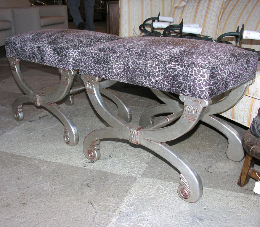 Pair Silver Leaf And Leopard Benches